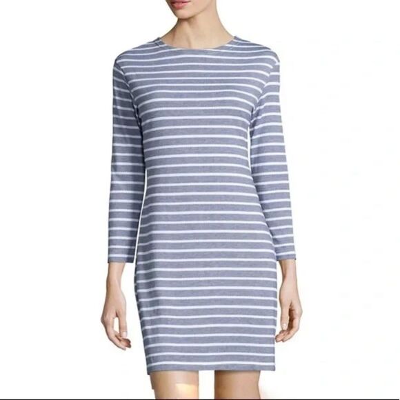 Sail to Sable Womens Size L Blue White Textured Striped Cotton Mini Shift Dress - Picture 3 of 15